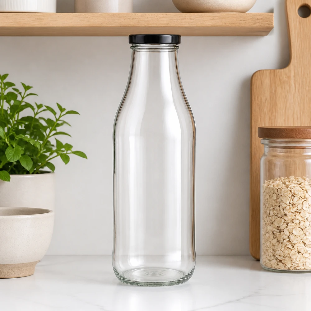 Leere 1000ml Glasflasche mit schwarzem Deckel in moderner Küche neben Holzregalen und Kräuterpflanze