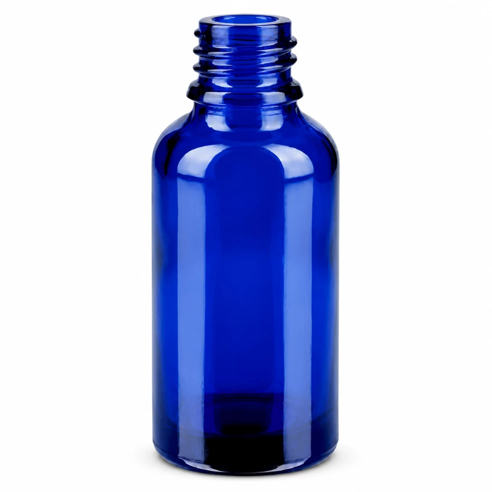 30ml láhev 11mm šroubovací uzávěr modrý s pojistkou proti manipulaci BlueLine UT18/30 Stilvolle blaue 30ml Glasflasche mit schlanker Form ideal für DIY-Kosmetik und Naturprodukte