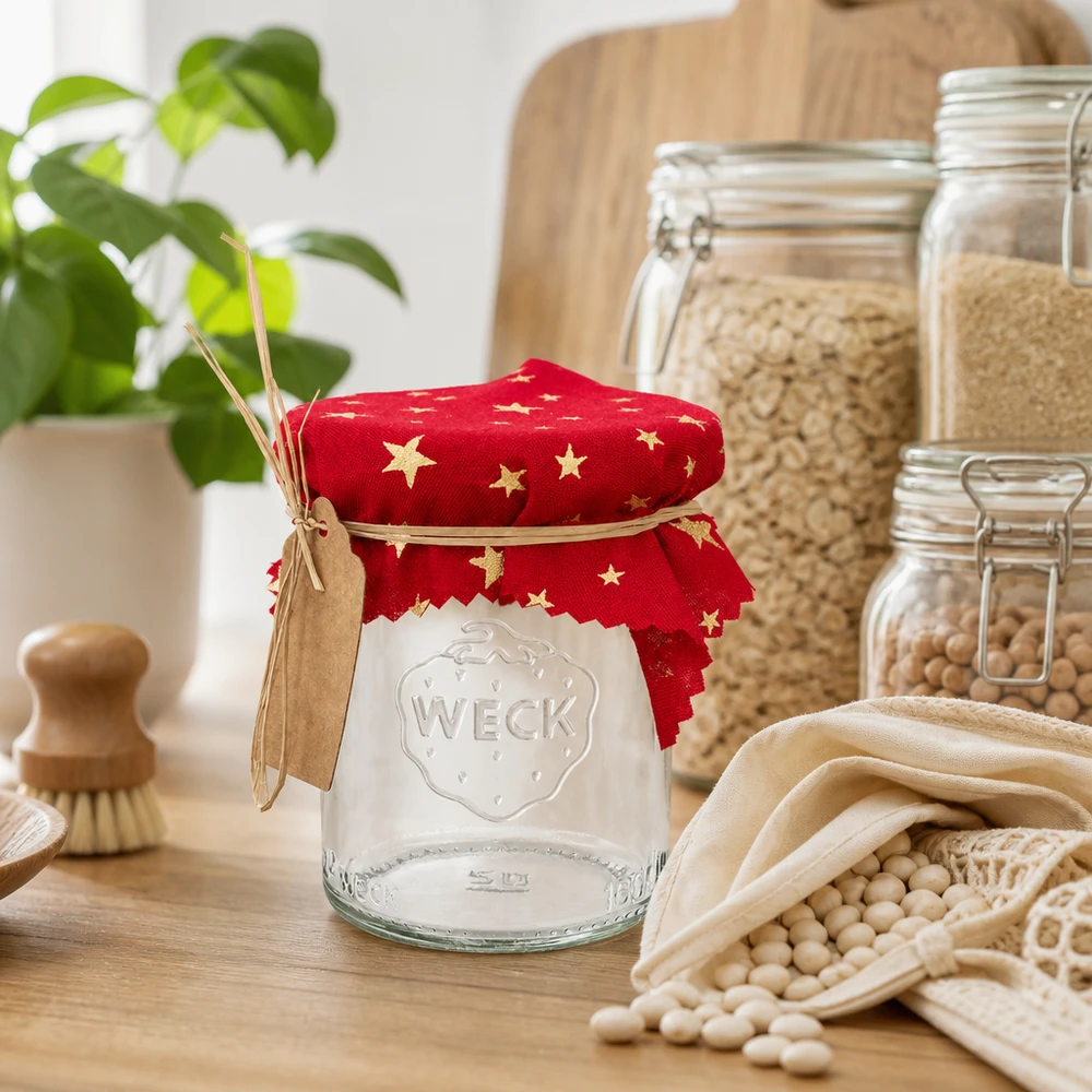 Rotes Schmuckdeckchen mit Sternen 12cm auf WECK Glas in nachhaltiger Zero-Waste Küche mit Hülsenfrüchten