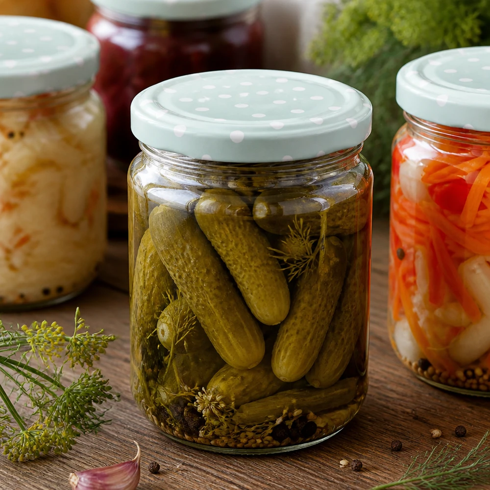 212ml kulatá sklenice + víčko BasicSeal tečky mátové UNiTWIST 212ml Rundglas mit eingelegten Gewürzgurken, mint BasicSeal Deckel Punkte, Einmachgläser Set auf Holztisch mit Dill