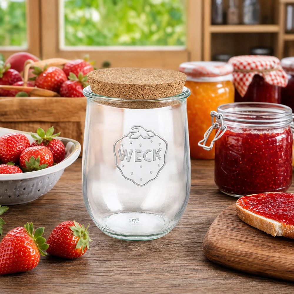 1062ml tulipánová sklenice WECK RR100 s korkem přírodní WECK RR100 Tulpenglas 1062ml Korkverschluss Küchenszenerie mit Erdbeeren und selbstgemachter Marmelade