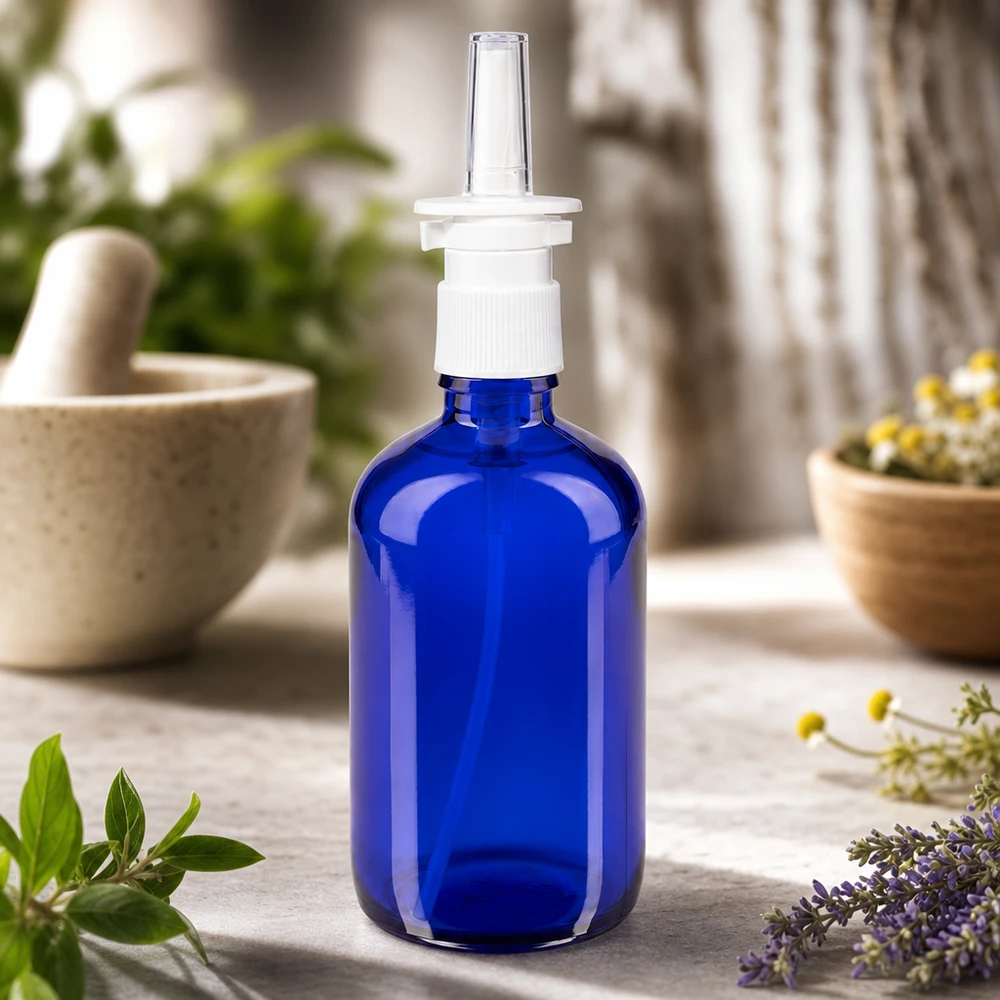 Lékárenská lahvička modrá 100ml nosní rozprašovač bílý standard. Hochwertige 100ml blaue Glasnasensprayflasche mit weißem Dosierkopf in natürlichem Kräuterambiente