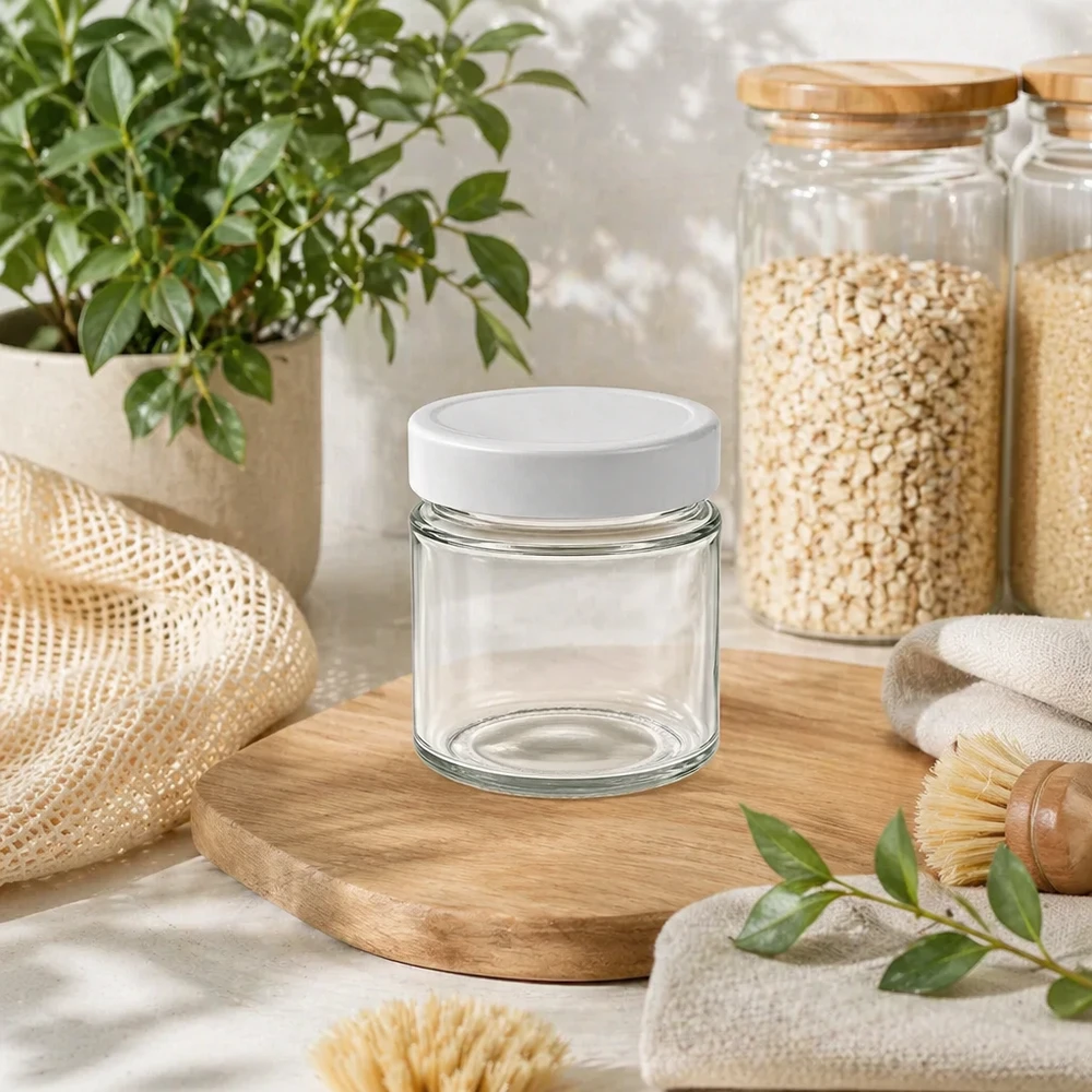 135ml kulatá sklenice + víčko BasicSeal bílé hluboké UNiTWIST 135ml Rundglas BasicSeal Deckel weiß nachhaltiges Zero Waste Lifestyle Bambusdeckel Holzbrett Küchenorganisation