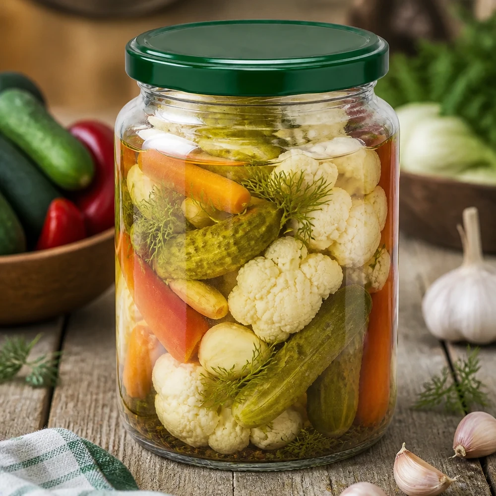 795ml kulatá sklenice + víčko BasicSeal zelené UNiTWIST UNiTWIST Rundglas 795ml mit eingelegtem Mischgemüse und Dill - grüner BasicSeal Deckel für Einmachen und Fermentieren