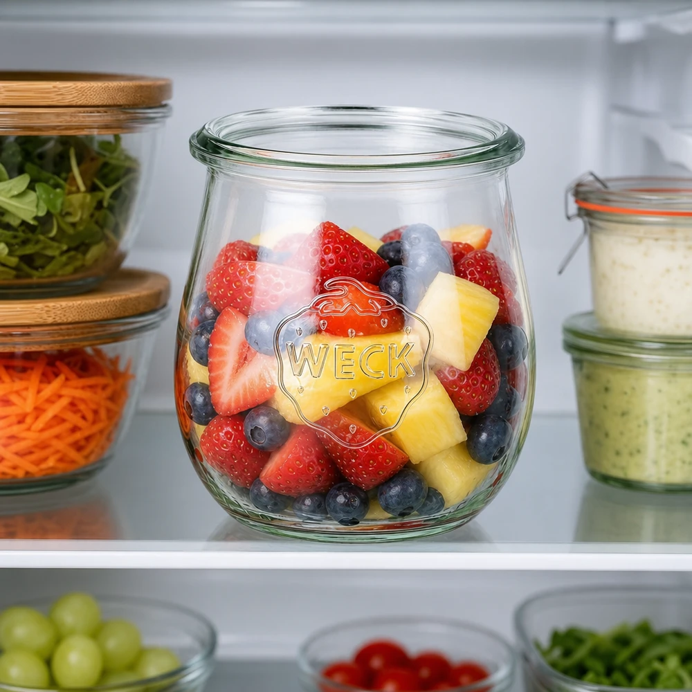 220ml tulipánová sklenice WECK RR60 s dřevěným dřevem WECK Tulpenglas 220ml RR60 im Kühlschrank mit Obstsalat aus Erdbeeren Blaubeeren Ananas als Meal Prep Container