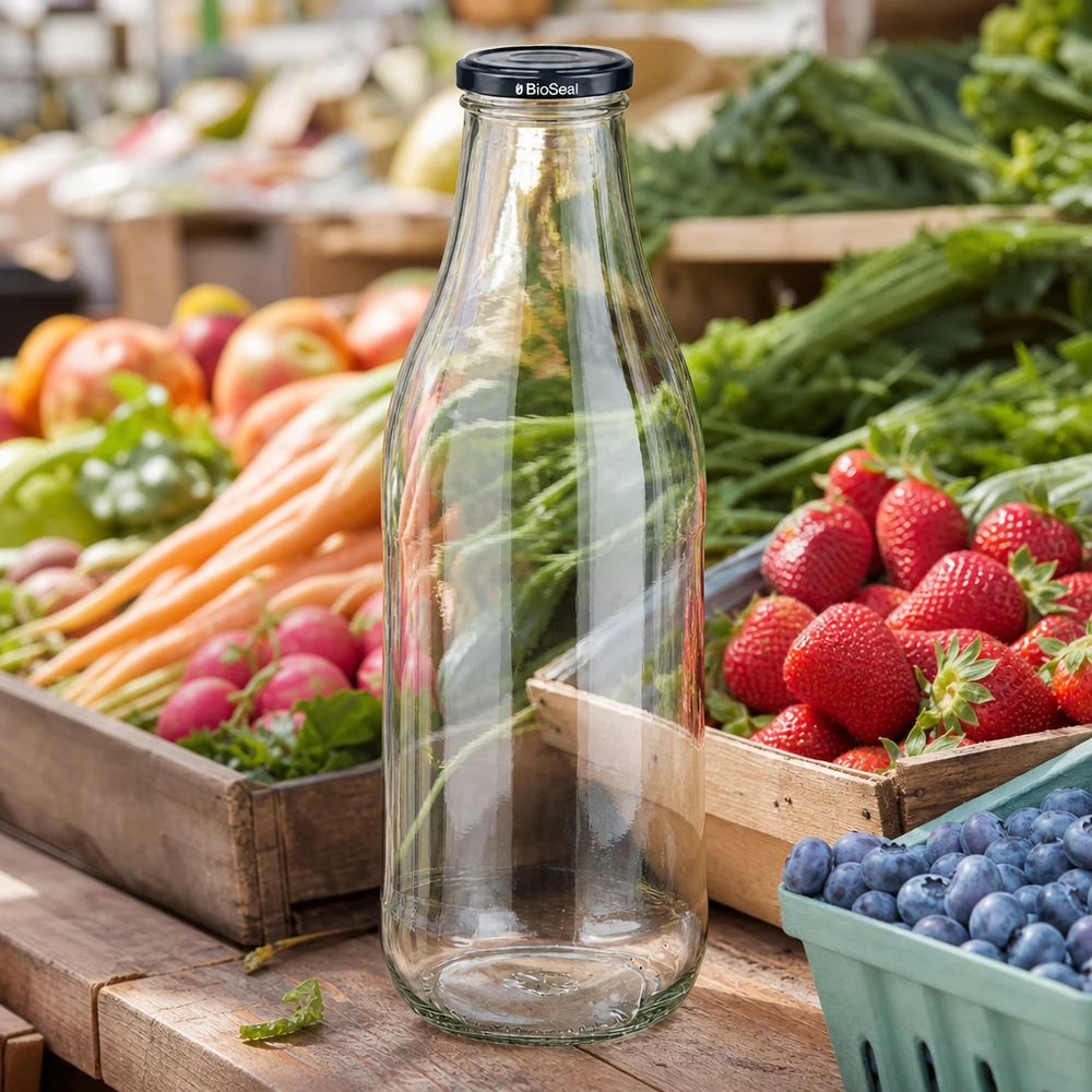 1000ml Glasflasche BioSeal Deckel schwarz Marktstand frisches Obst Gemüse Erdbeeren Blaubeeren nachhaltig regional