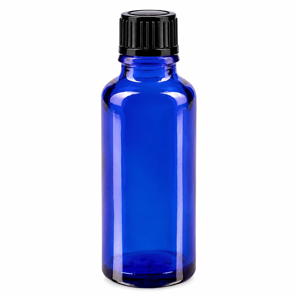 Lékárenská láhev modrá 30ml šroubovací uzávěr černá standardní Apothekerflasche blau 30ml aus hochwertigem Glas ideal für ätherische Öle