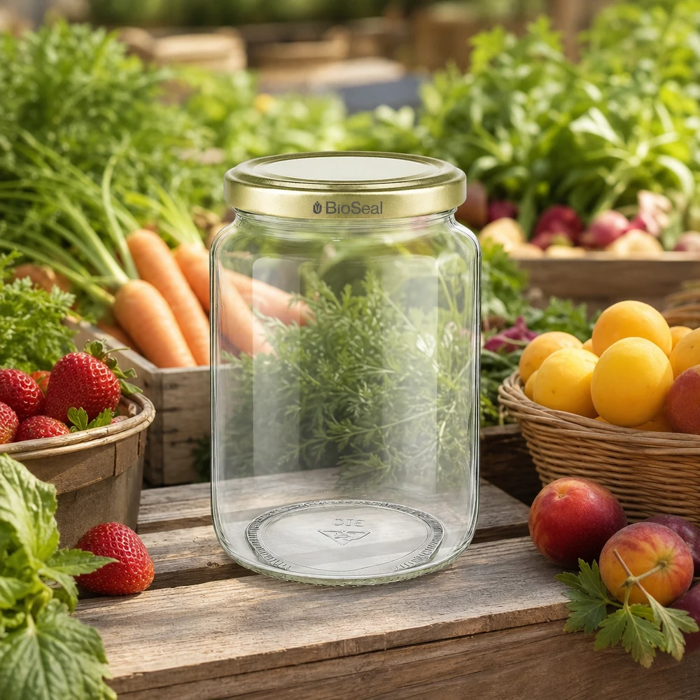 1000g Honigglas mit goldenem Deckel BioSeal UNiTWIST 1000g BioSeal Honigglas umgeben von frischem Obst und Gemüse zeigt natürliche Frischhaltung und Aufbewahrung