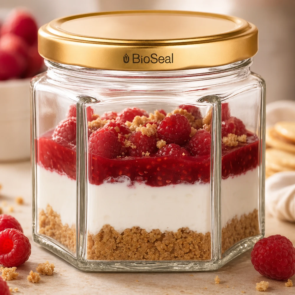 Šestihranná sklenice o objemu 47 ml se zlatým víčkem UNiTWIST BioSeal. UNiTWIST Hexa47 mit goldenem BioSeal Deckel als Dessertglas mit Himbeer-Schichtdessert und Streuseln gefüllt