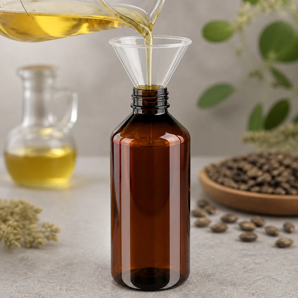 Hnědá PET láhev o objemu 1000 ml při plnění žlutého oleje pomocí nálevky