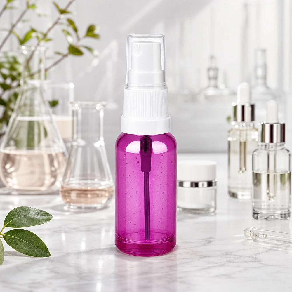 Elegante 20ml Sprühflasche in lila Optik mit weißer Pumpeinheit für Hautpflege und Wellness