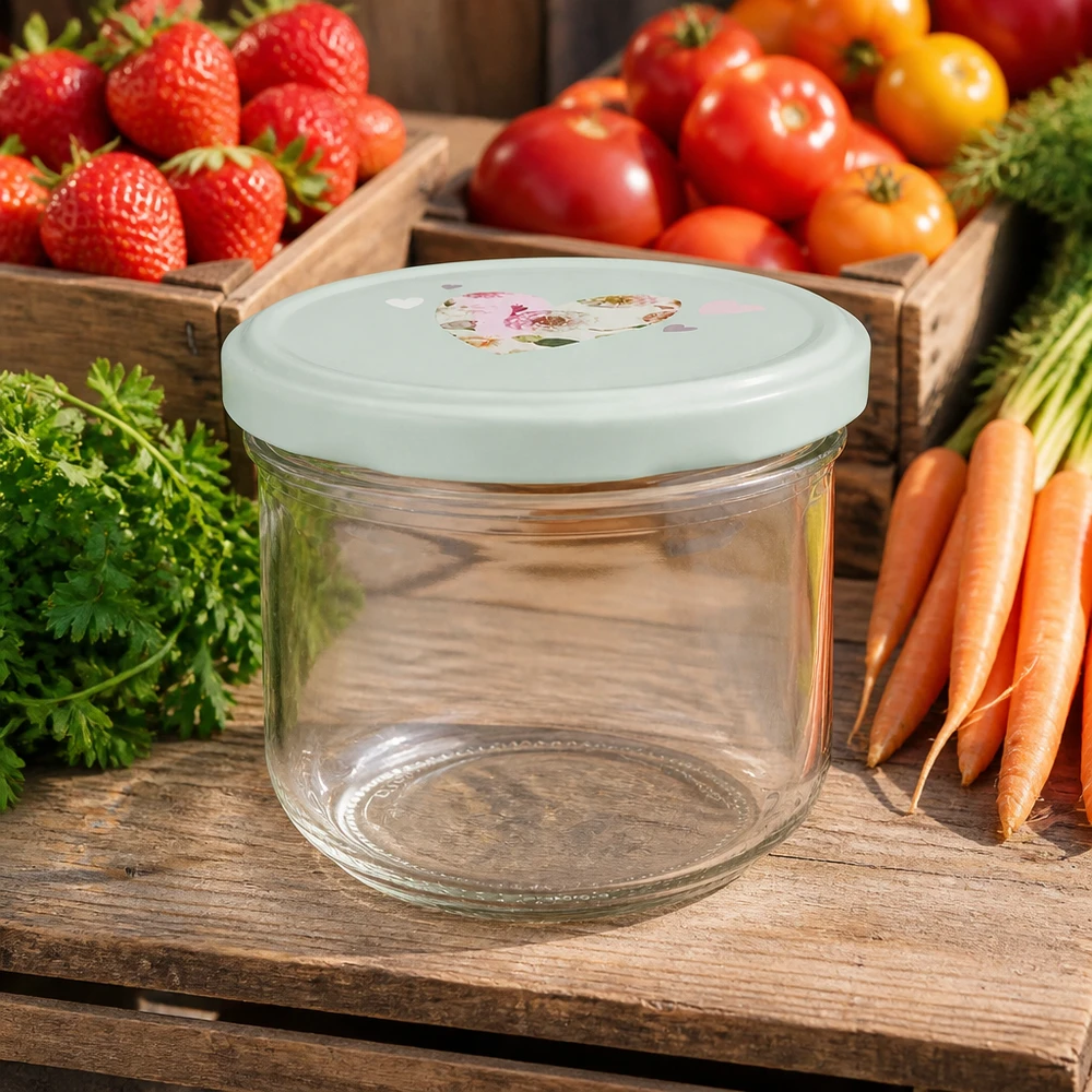 260ml kelímky + víčko BasicSeal srdíčková máta UNiTWIST 260ml Sturzglas leer mit mintgrünem BasicSeal Deckel vor frischen Tomaten, Erdbeeren und Karotten auf Holztisch