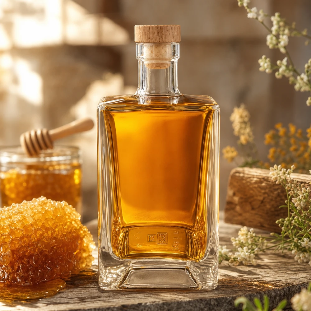 700ml Glasflasche Ben mit Honig gefüllt neben Bienenwaben und Honigtopf rustikale Dekoration Holzkorken UNiTWIST