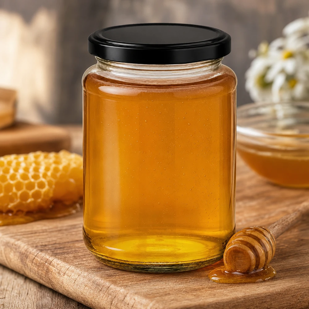 382ml kulatá sklenice s víčkem BasicSeal černá UNiTWIST 382ml Rundglas BasicSeal schwarz rustikale Holzoptik mit Honig Wabe Honigdipper traditionelle Imkerei Naturprodukt