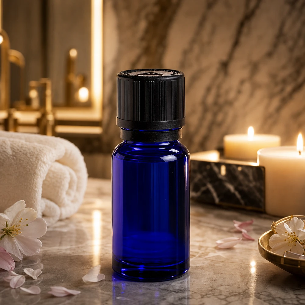 Lékárenská lahvička modrá 10ml kapací uzávěr nalévací kroužek 1mm černý dětský bezpečnostní zámek slepý výstražný symbol tamper evident uzá Hochwertige blaue 10ml Apothekerflasche mit Präzisionstropfer im goldenen Badezimmerambiente