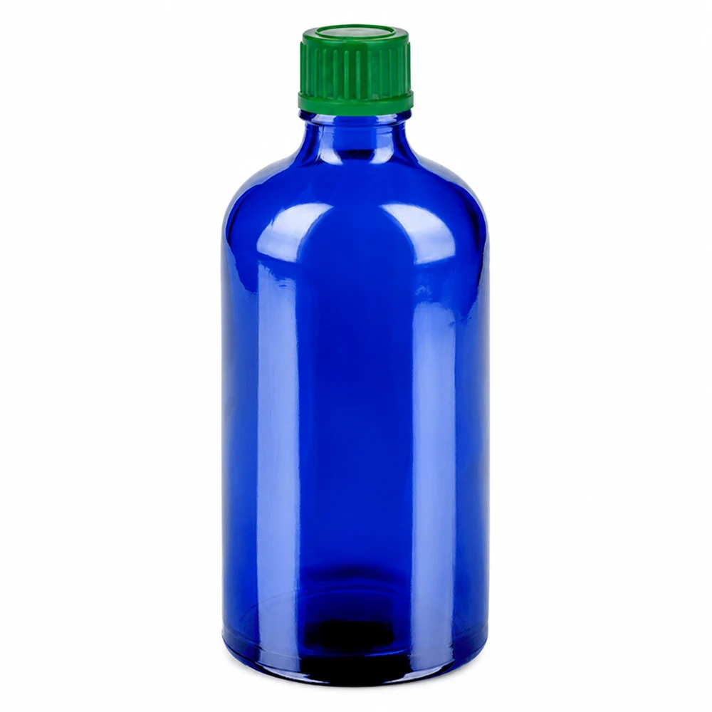 100ml láhev 11mm šroubovací uzávěr zelený Standard BlueLine UT18/100 Kompakte blaue 100ml Flasche mit 11mm Gewinde perfekt für Apotheke und Labor