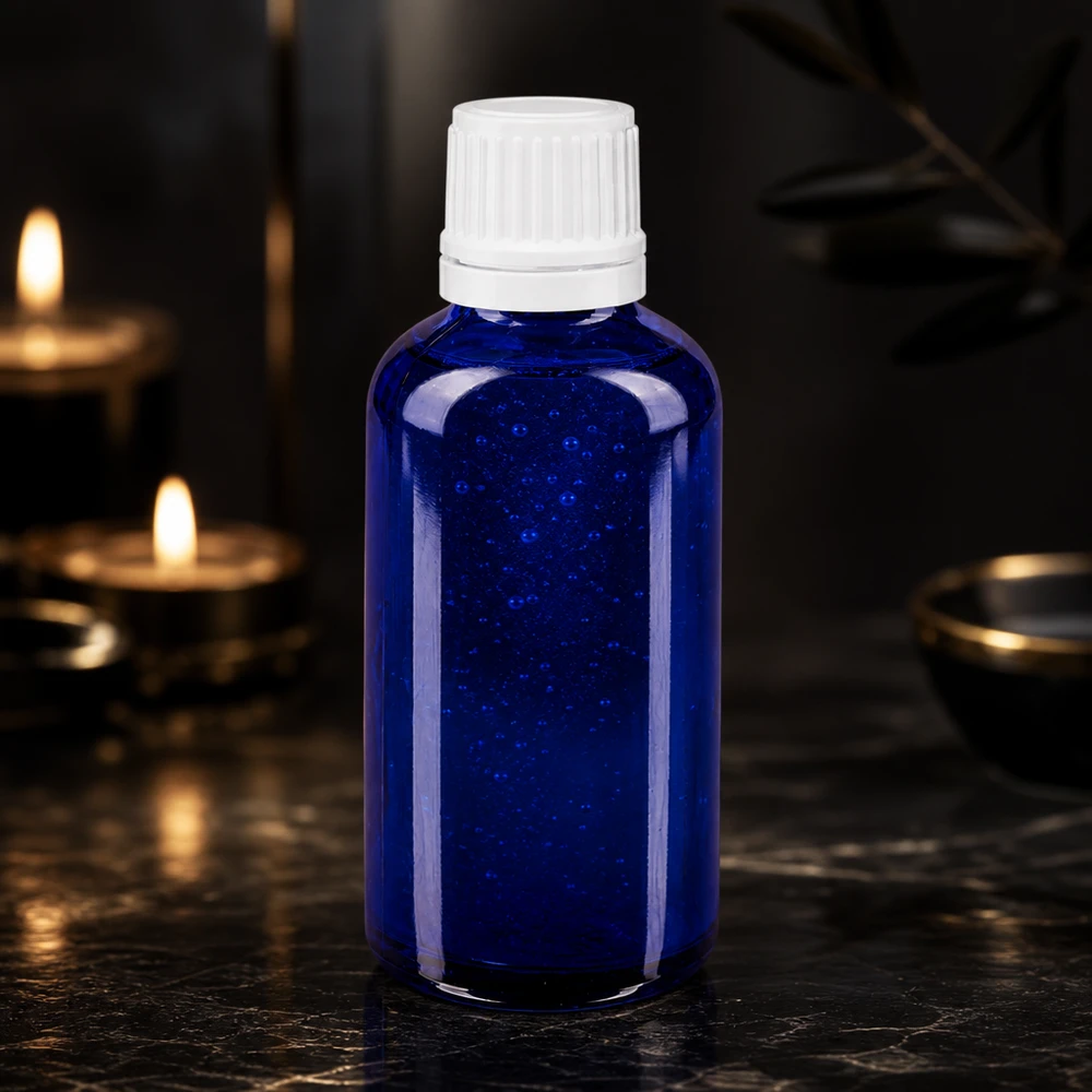 Lichtschutzflasche aus kobaltblauem Glas 50ml mit weißem Sicherheitsverschluss OV