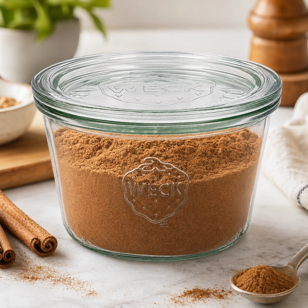 Zavařovací sklenice 370ml se skleněným víčkem WECK RR100 WECK Sturzglas 370ml RR100 gefüllt mit Kakaopulver umgeben von Zimtstangen als Gewürzaufbewahrung in der Küche
