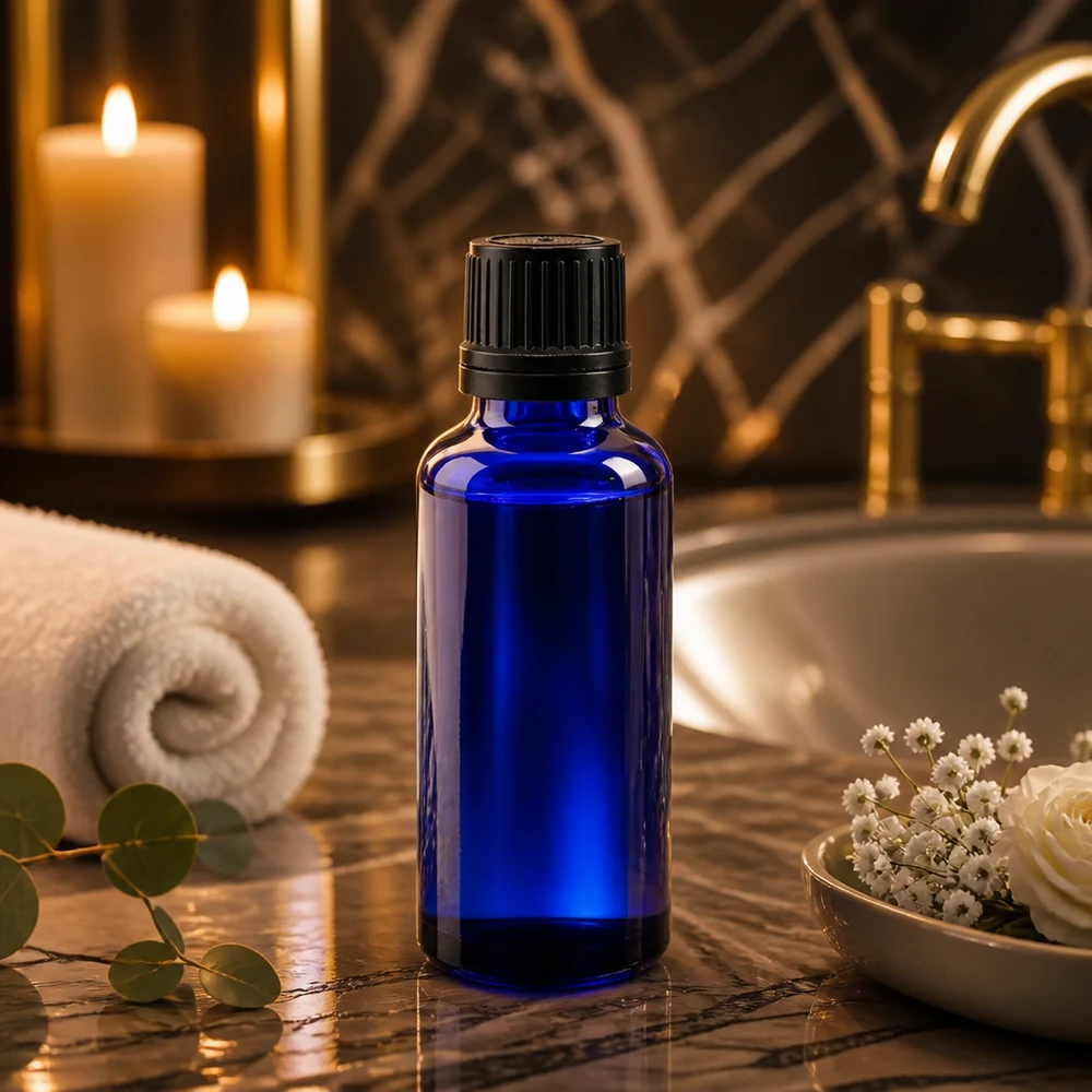 Hochwertige 30ml Tropfflasche aus blauem Apothekenglas mit geripptem Sicherheitsverschluss