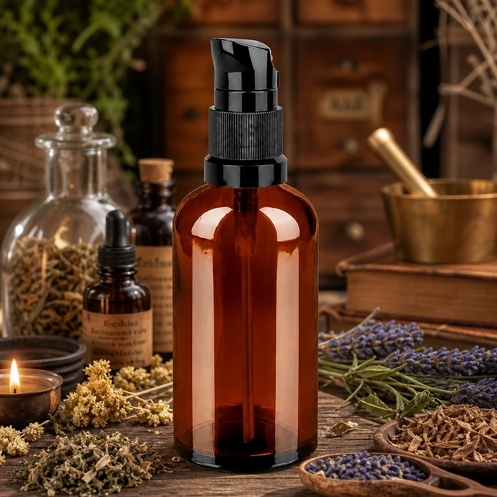 100ml láhev s pumpičkou černá standardní uzávěr BrownLine UT18/100 Stilvolle 100ml Pumpflasche in Bernsteinbraun mit mattschwarzem Spenderkopf für edle Präsentation