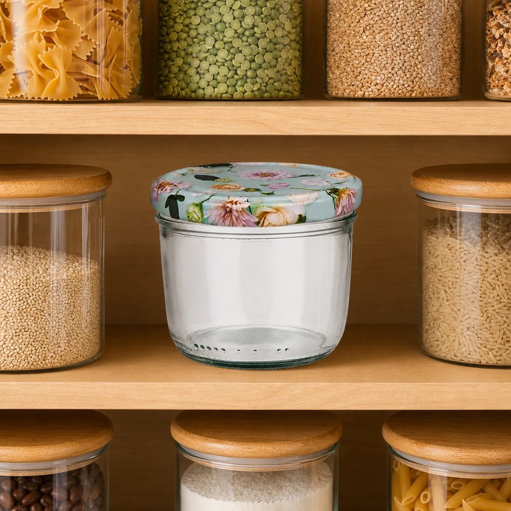 230ml kelímky + víčko BasicSeal flower mint UNiTWIST 230ml Sturzglas mit mintgrünem Blumen-Deckel in Vorratsschrank zwischen Gläsern mit Pasta Linsen und Reis