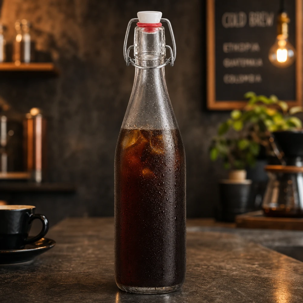 500ml skleněná láhev + otočný vršek PVC UNiTWIST 500ml Glasflasche mit Bügelverschluss befüllt mit Cold Brew Kaffee in rustikaler Café Atmosphäre