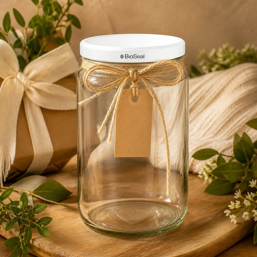 Kulatá sklenice o objemu 795 ml s bílým víčkem BioSeal UNiTWIST. UNiTWIST Runda795 Geschenkverpackung mit Bastschleife und Kraftpapier-Etikett - dekorative Glasverpackung