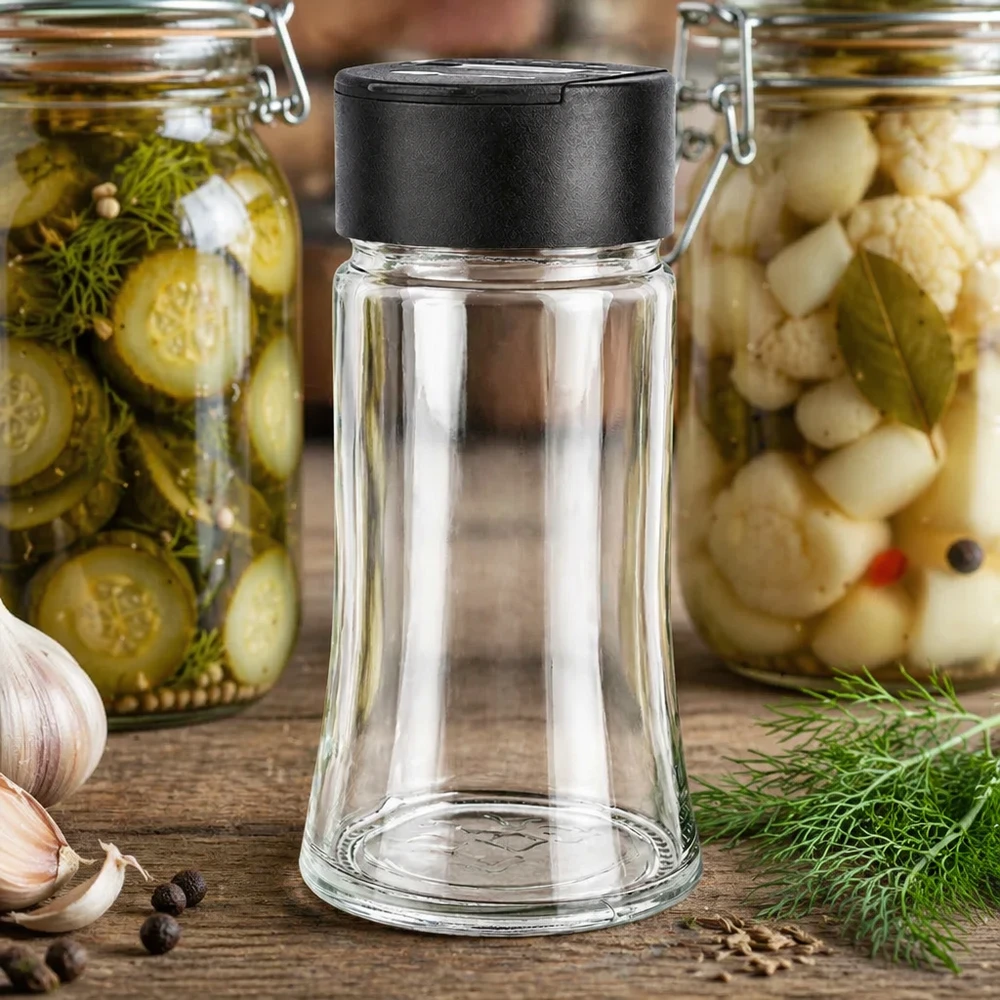 Dóza na sůl/koření 95 ml s dvojitým šejkrem černá Kompakter Gewürzglasbehälter 95ml mit schwarzem Doppelstreuer neben frischem Dill und Pfeffer