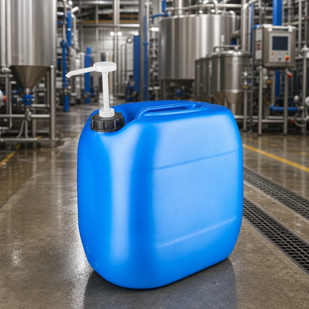 Blauer Großbehälter 30L mit Pumpspender zur sicheren Chemikalienlagerung im Betrieb