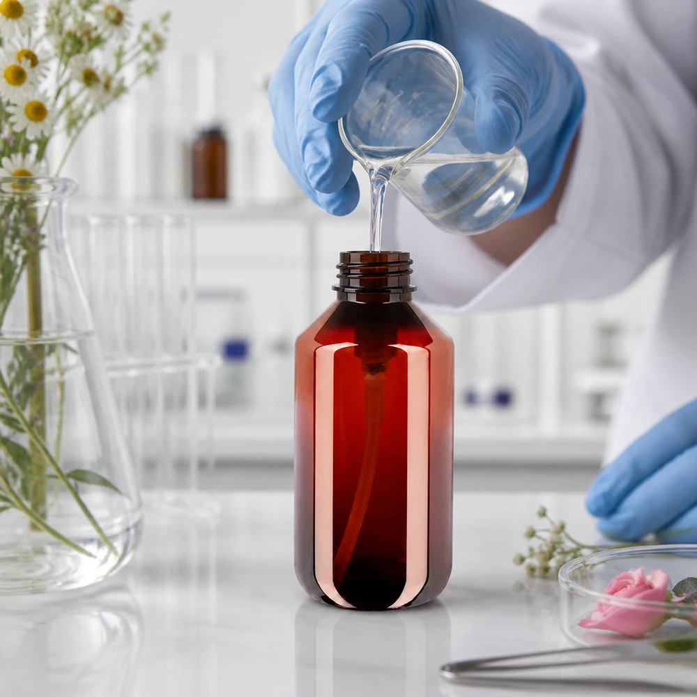 Schlanke 200ml Kunststoffflasche mit weisser Dosierpumpe für flüssige Pflegeprodukte