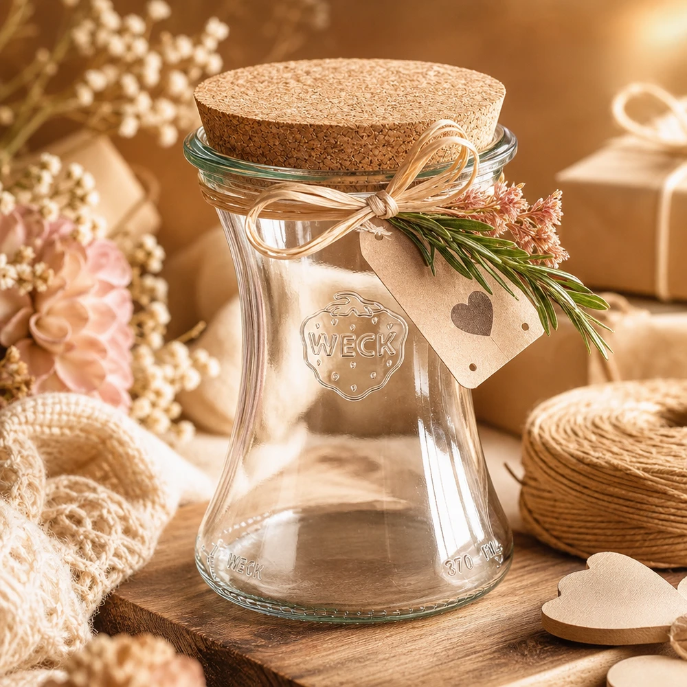 WECK Delikatessenglas 370ml RR80 mit Korkdeckel als Geschenkverpackung mit Schleife und Herz-Anhänger