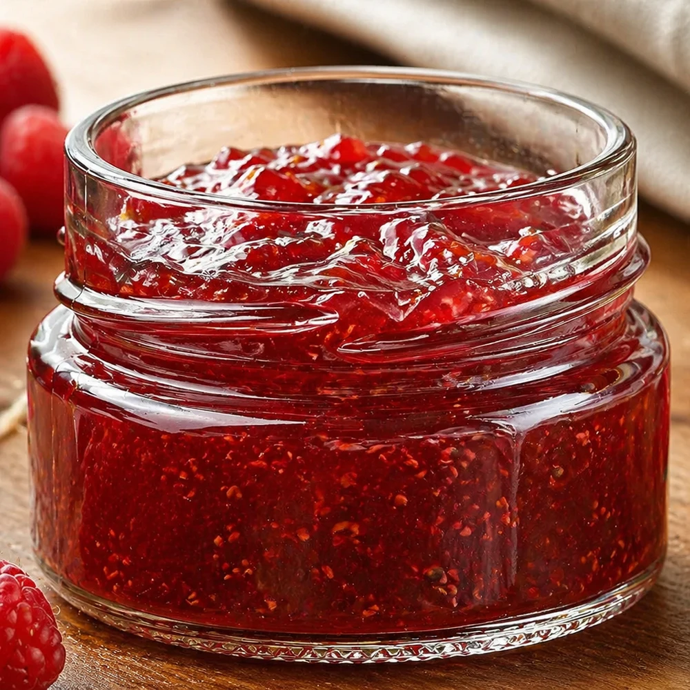 Kulatá sklenice o objemu 80 ml bez víčka (TO58deep) UNiTWIST UNiTWIST Runda80 Rundglas 80ml TO58deep mit roter Marmelade gefüllt auf Holzuntergrund mit Beeren