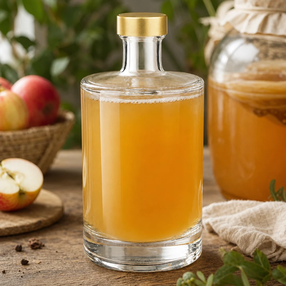 500ml Glasflasche "Sam" + Schraubverschluss gold UNiTWIST 500ml Glasflasche Sam mit Apfelsaft befüllt goldener UNiTWIST Verschluss Äpfel Holztisch natürliche Küchen Atmosphäre