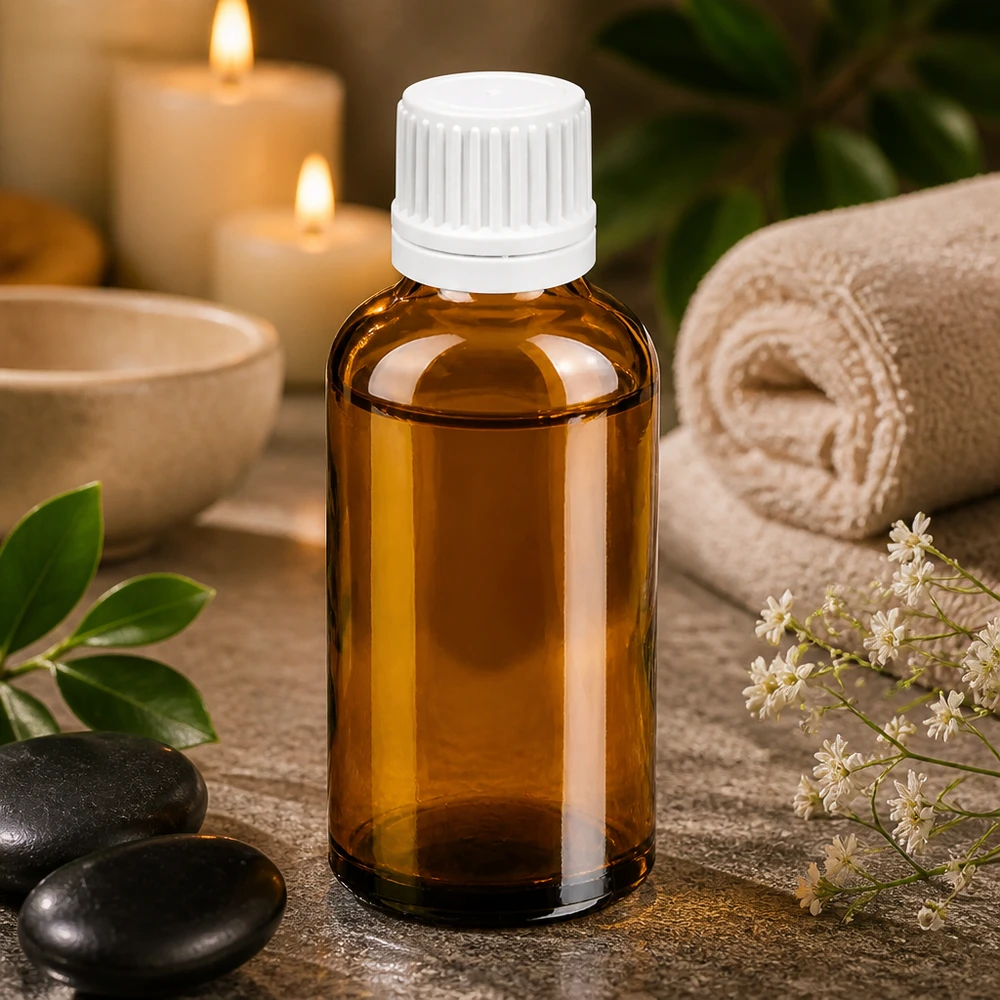 50ml lahvička s kapátkem 0,7 mm bílá s uzávěrem s ochranou proti manipulaci BrownLine UT18/50 50ml Dosierungsflasche mit weißem Tropfverschluss für Wellness und Spa Anwendungen BrownLine