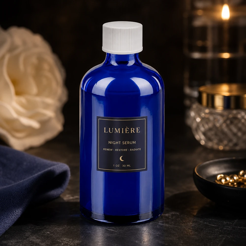 100ml láhev 11mm šroubovací uzávěr bílá Standard BlueLine UT18/100 Nachhaltige Glasverpackung 100ml in Blau mit recyclebarem weißem Verschluss für Naturkosmetik