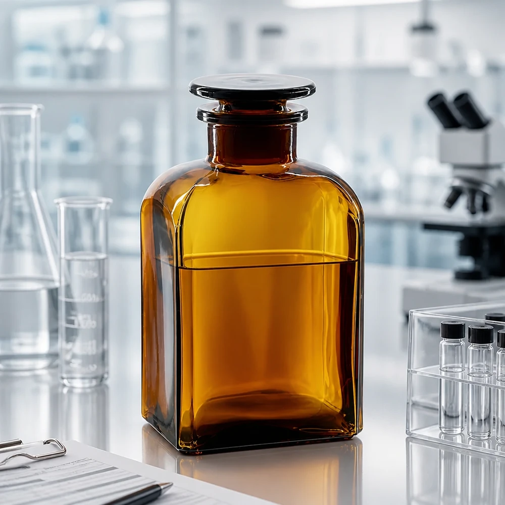 Hranatá láhev 500ml hnědá se širokým hrdlem skleněná zátka Braune Glasflasche 500ml mit Weithals für einfaches Befüllen und Entleeren im Labor