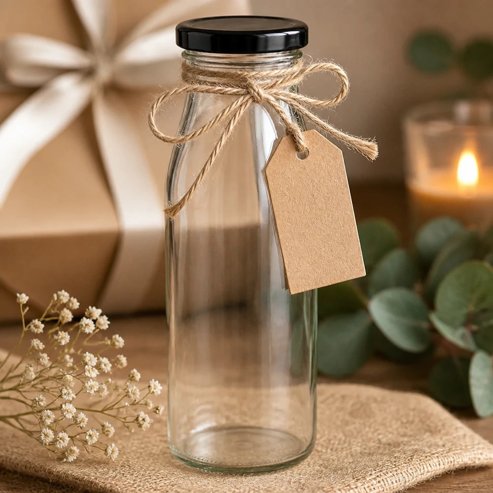500ml skleněná láhev + víčko BasicSeal černé UNiTWIST 500ml Glasflasche mit schwarzem Deckel als Geschenk dekoriert mit Juteschnur und Geschenkanhänger rustikal
