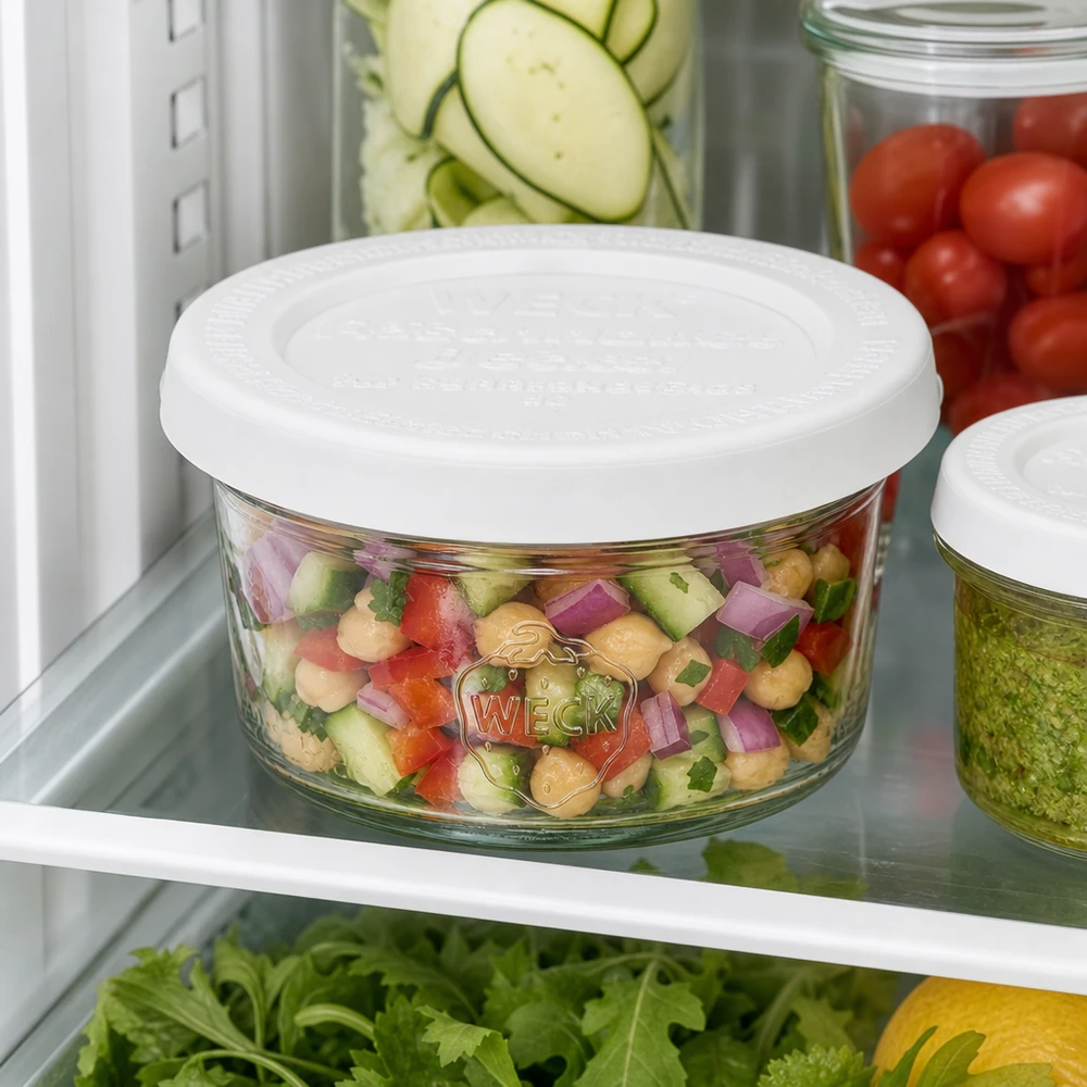 WECK 50ml Sturzglas RR60 mit buntem Salat im Kühlschrank zwischen frischen Zutaten für praktische Meal Prep Aufbewahrung