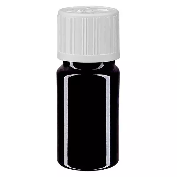 Lékárenská lahvička fialová 5ml šroubovací uzávěr bílý standard odolný proti otevření dětmi.
