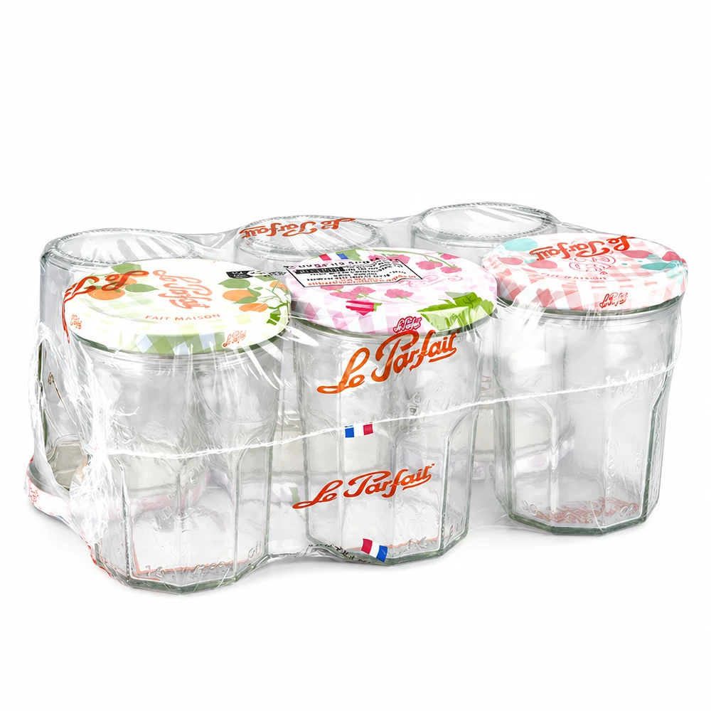 385ml Sturzglas "Jam" mit Schraubdeckel Le Parfait® Le Parfait Jam Sturzgläser 385ml im 6er Pack mit bunten Schraubdeckeln in Schrumpffolie verpackt