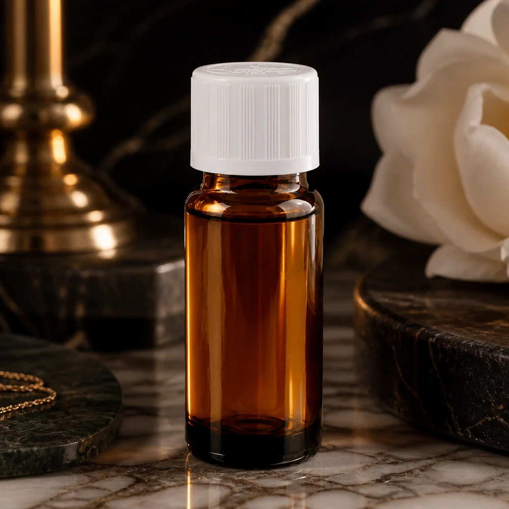 Braune Tropfflasche 10ml Apothekerglas mit weißem Sicherheitsverschluss in luxuriösem Ambiente