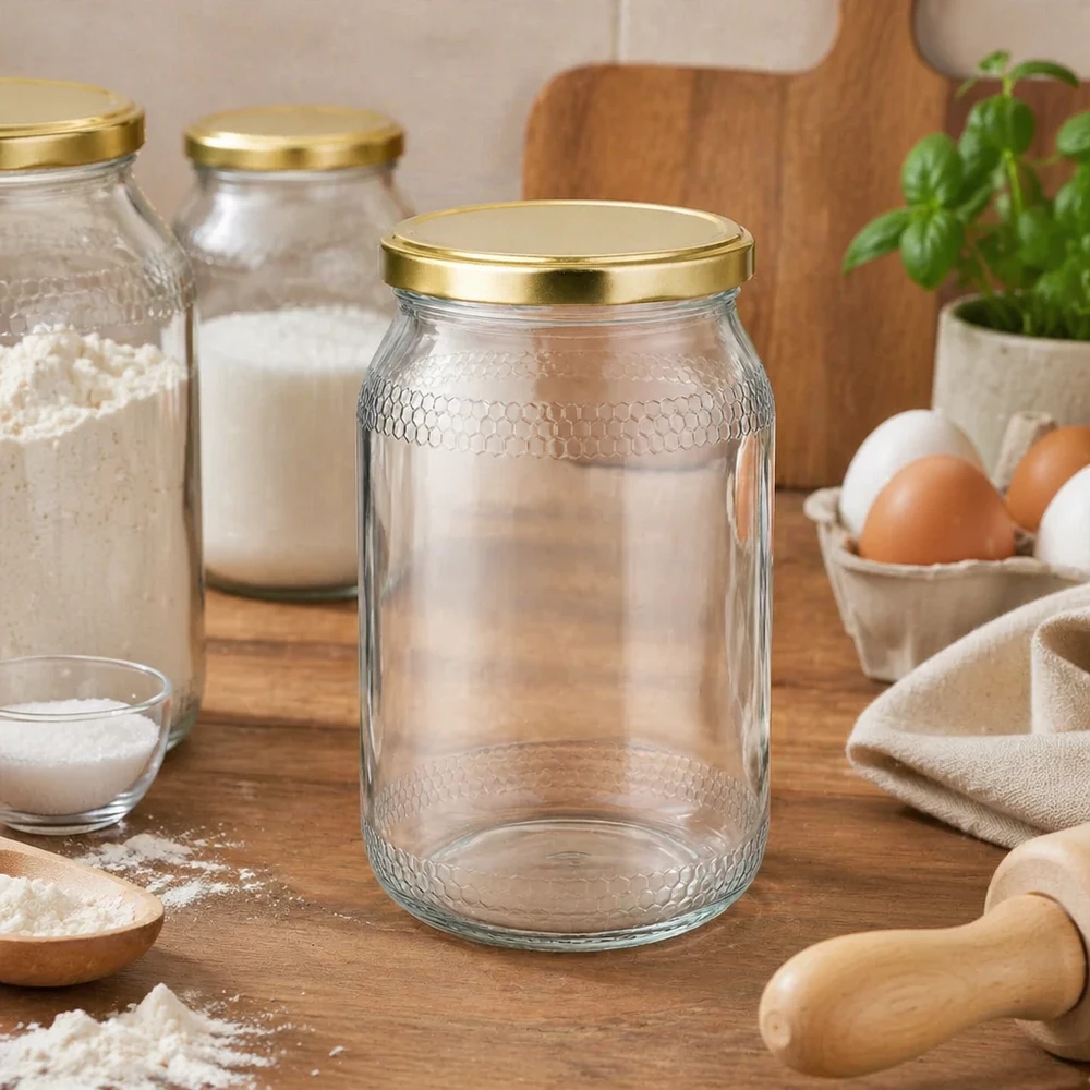 Leeres 900ml Honigglas mit Wabenstruktur und goldenem Deckel in rustikaler Küchenszene mit Backzutaten