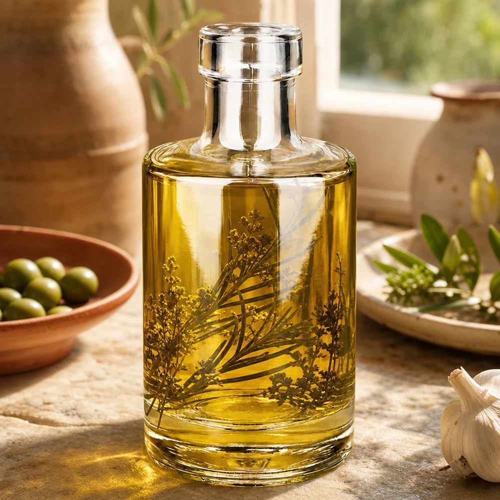 Glasflasche Marie 200ml mit Kräuteröl befüllt Anwendungsbeispiel Küche mediterrane Dekoration Lifestyle