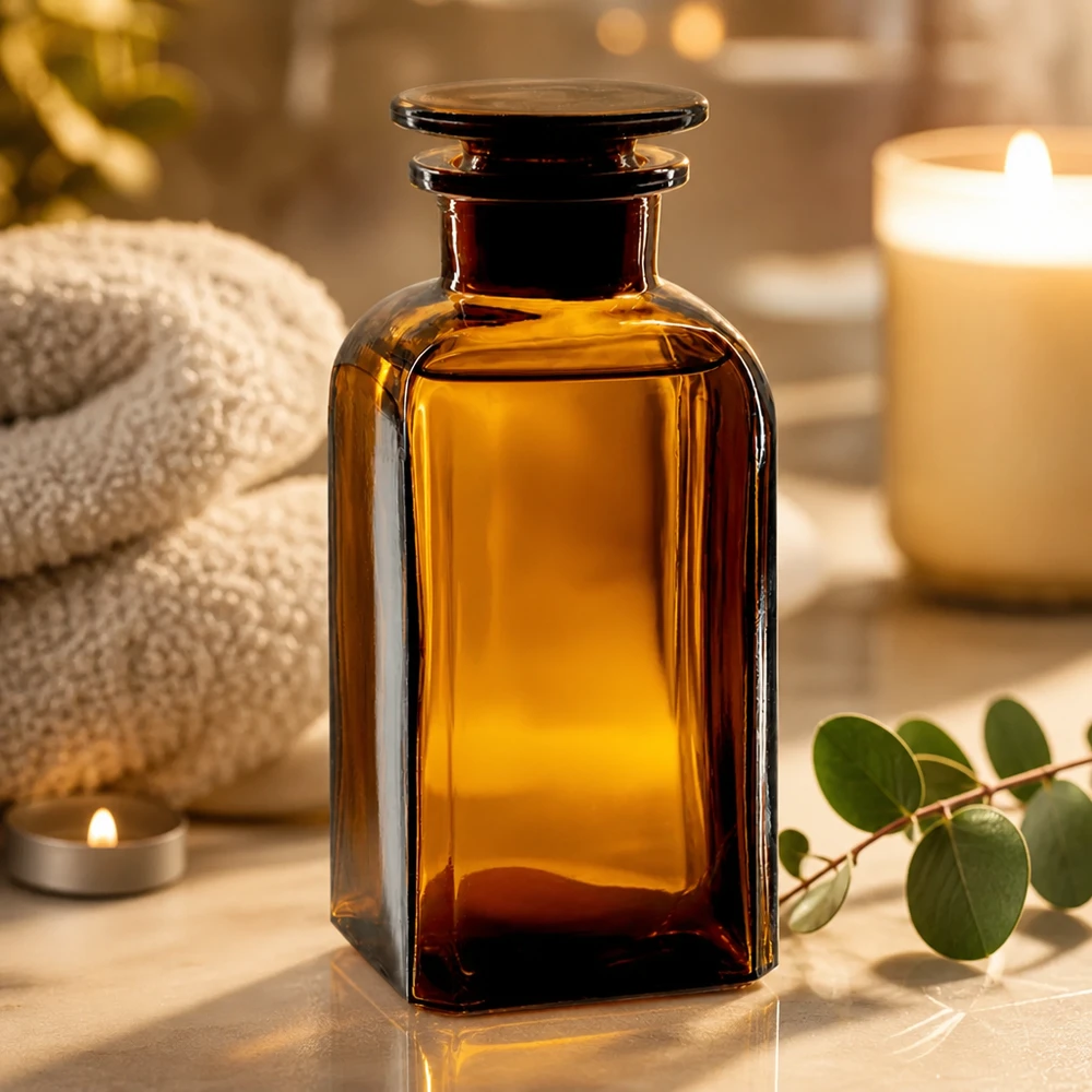 Čtvercová láhev 350ml hnědá skleněná zátka se širokým hrdlem Braune Glasflasche 350ml Weithals quadratisch mit Stopfen für Aromatherapie und Wellness