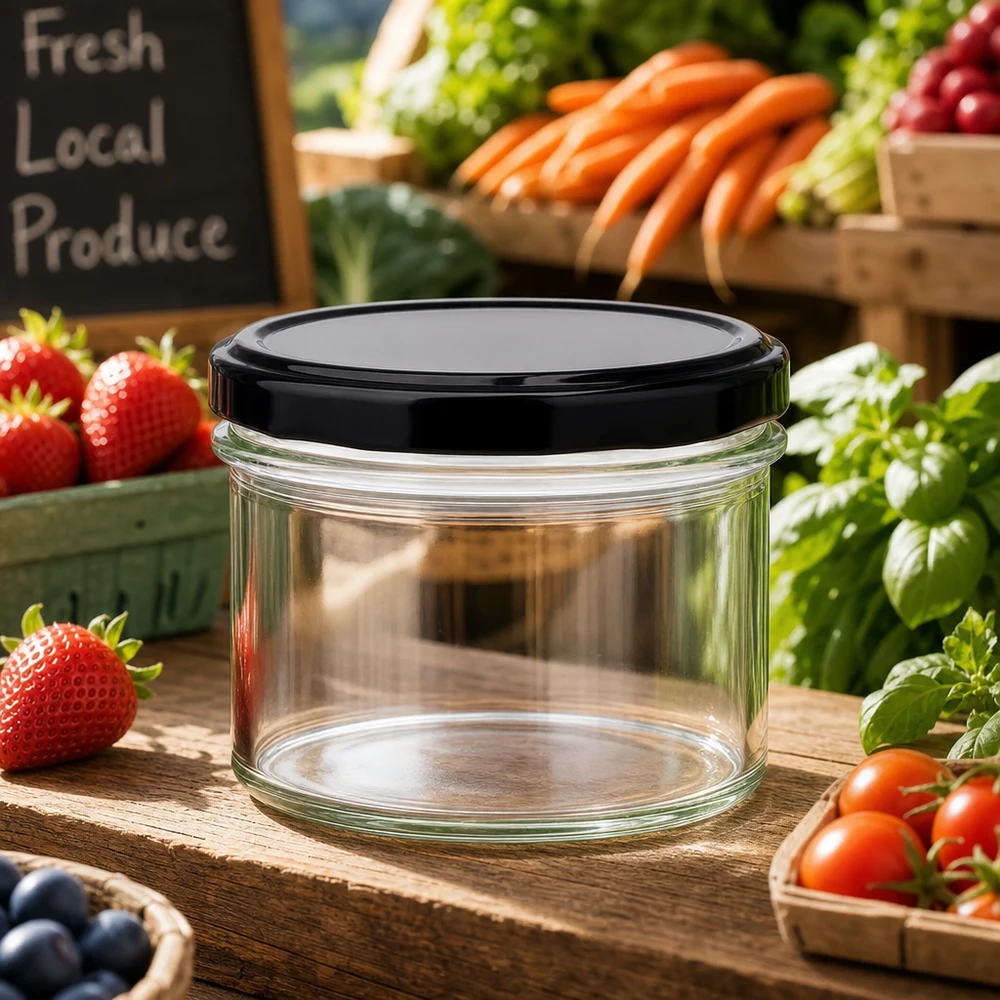 225ml kelímky s víčkem BasicSeal černé UNiTWIST Leeres 225ml Sturzglas mit schwarzem Deckel in natürlicher Umgebung zwischen frischem Obst und Gemüse