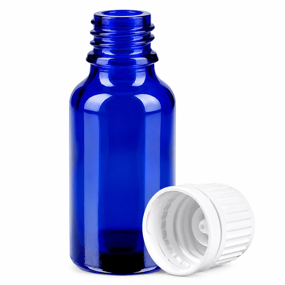 Apotheken-Flasche 20ml in pharmazeutischem Blau mit weißem Sicherheitsverschluss für Medikamente