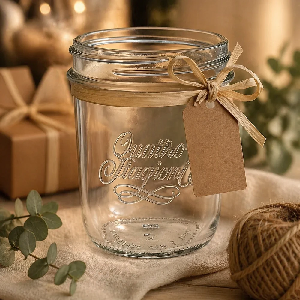 Nádobky o objemu 320 ml "Quattro Stagioni" QS86mm 320ml Quattro Stagioni Einmachglas mit Schleifenband und Geschenkanhänger als Dekoration auf rustikalem Holztisch