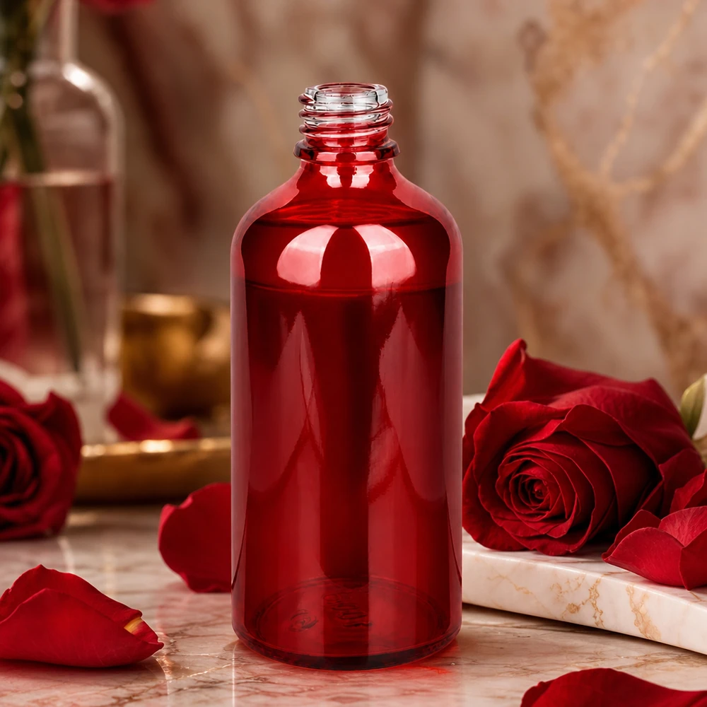 Premium Apothekenflasche RedLine 100ml in Rubinrot für hochwertige Beauty und Wellness Produkte