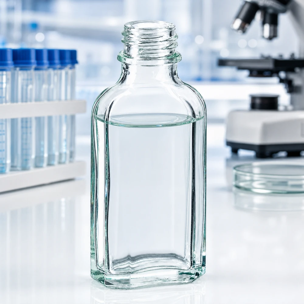 Klare 50 ml Meplatflasche mit sechseckigem Querschnitt und DIN22 Gewindehals