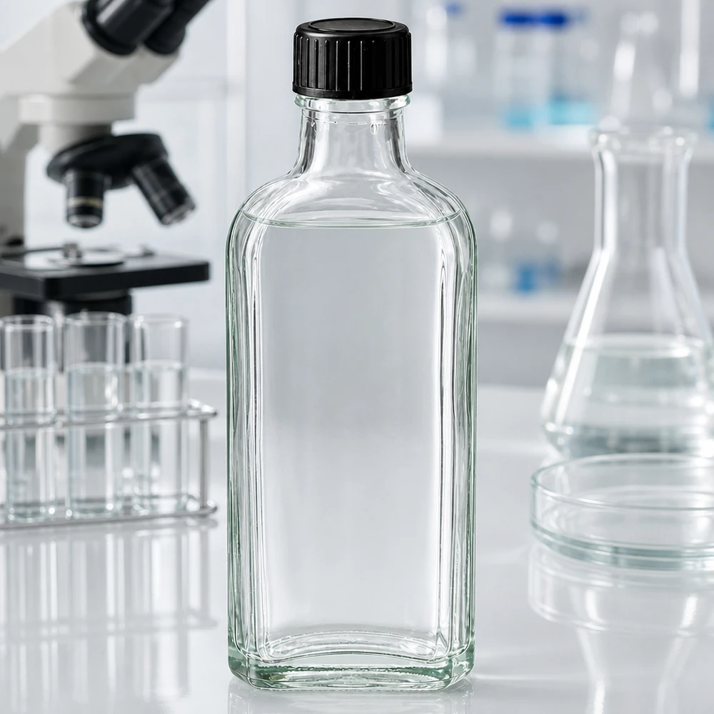 Meplat Flasche 100ml aus klarem Glas mit schwarzer Schraubkappe und Dichtung